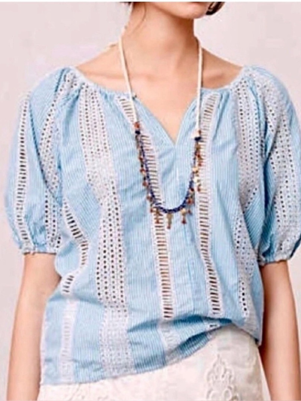 Anthropologie Boho Striped Blue and Cream Peasant Tunic w/Eyelet Panels Large